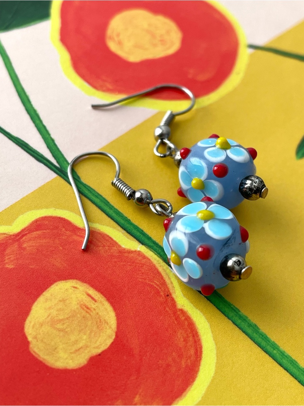 Lampwork art glass flower dangle earrings blue yellow red dopamine